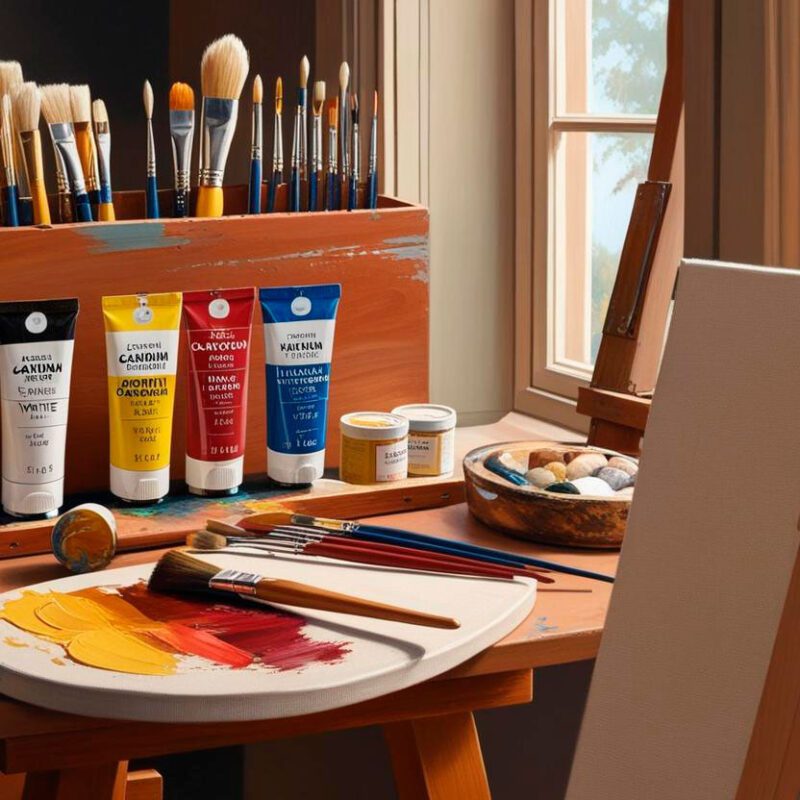 A wooden palette with blended oil paints on a table, showcasing essential oil painting supplies.