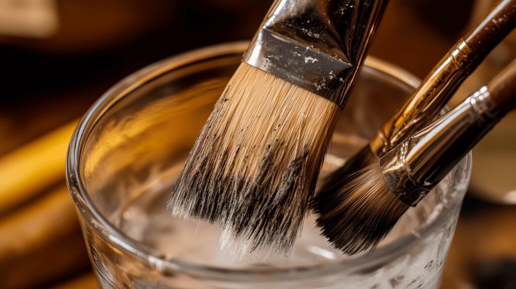 A collection of paintbrushes with dried paint soaking in an eco-friendly solvent to restore their bristles.