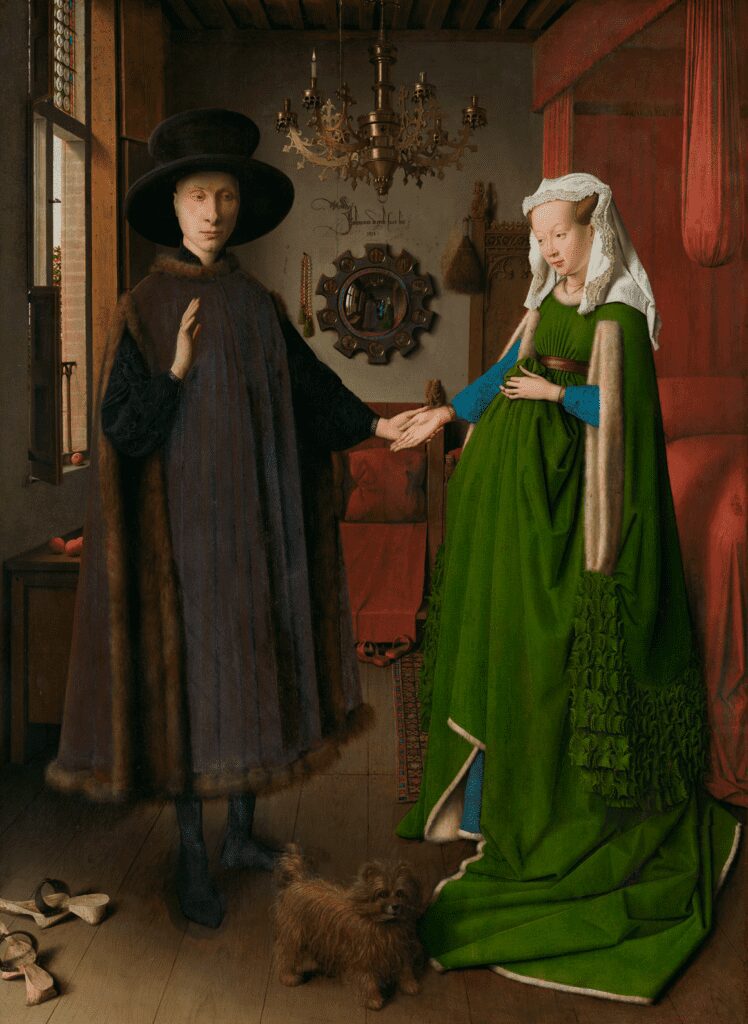 Portrait of Giovanni Arnolfini and his Wife by Jan van Eyck (1434), a symbol of wealth, status, and early oil painting techniques.