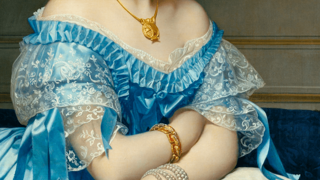 A close-up of Ingres' portrait of Princesse de Broglie, highlighting micro impastos, subtle glazes, and extreme light rendering, possibly using zinc white.