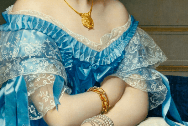 A close-up of Ingres' portrait of Princesse de Broglie, highlighting micro impastos, subtle glazes, and extreme light rendering, possibly using zinc white.