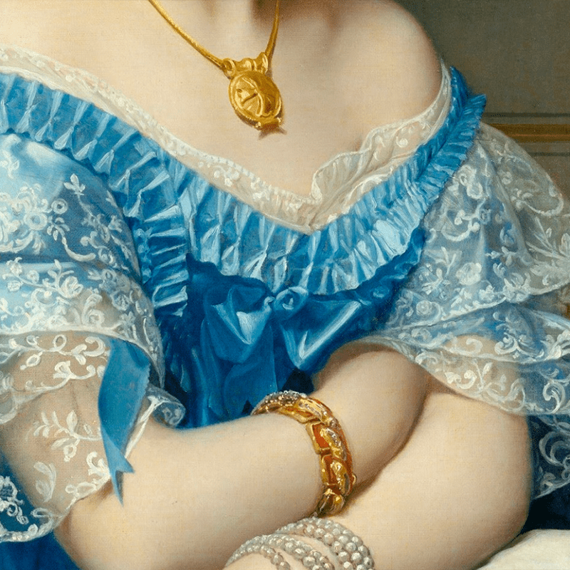 A close-up of Ingres' portrait of Princesse de Broglie, highlighting micro impastos, subtle glazes, and extreme light rendering, possibly using zinc white.