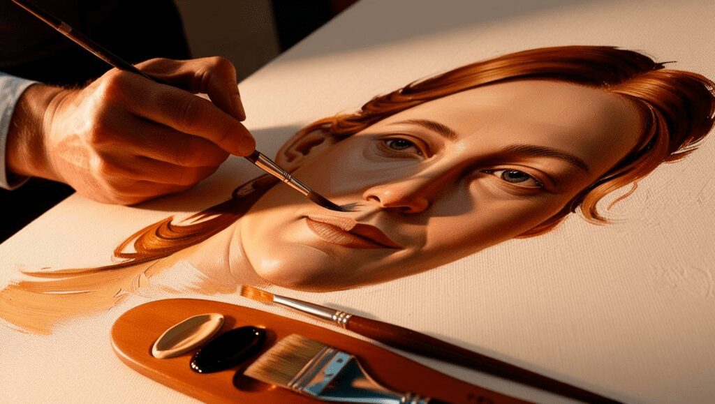 A detailed oil painting of a young red-haired woman in progress, with an artist using a round brush to refine details.