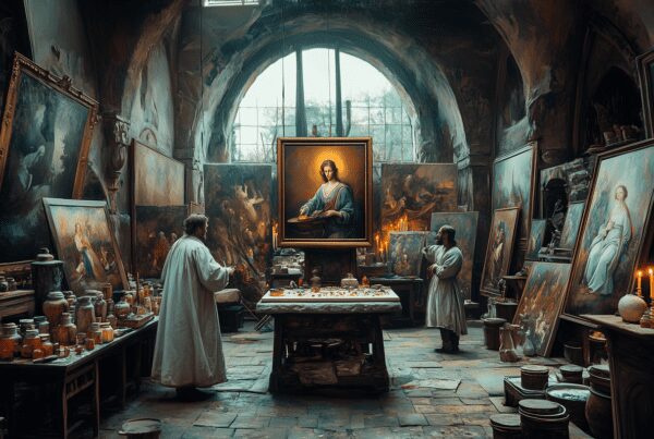 A Renaissance painting studio with artists carefully grinding pigments and mixing them with linseed oil under natural light.