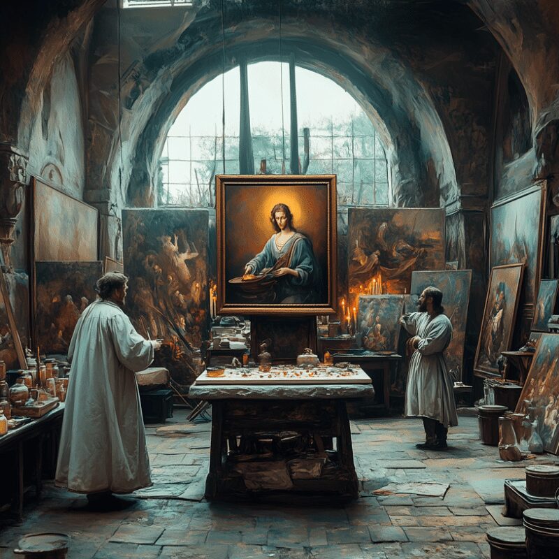 A Renaissance painting studio with artists carefully grinding pigments and mixing them with linseed oil under natural light.