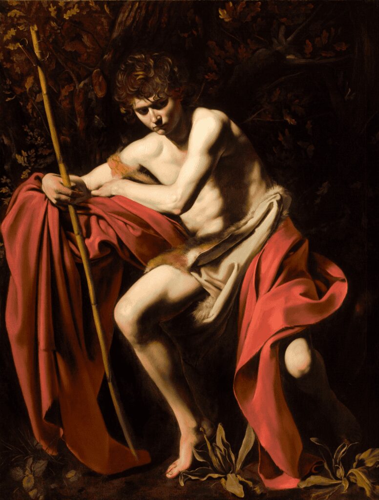 Caravaggio’s Saint John the Baptist in the Wilderness (1604–1605), highlighting reflected light and subtle color transitions.