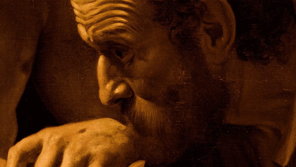 A close-up of Saint Thomas’ face in Caravaggio’s The Incredulity of Saint Thomas, emphasizing chiaroscuro, impasto highlights, and transparent shadowing.