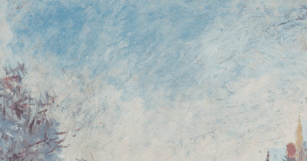 Close-up of Monet’s Snow Scene at Argenteuil (1875), focusing on the dry brush technique creating broken textures.