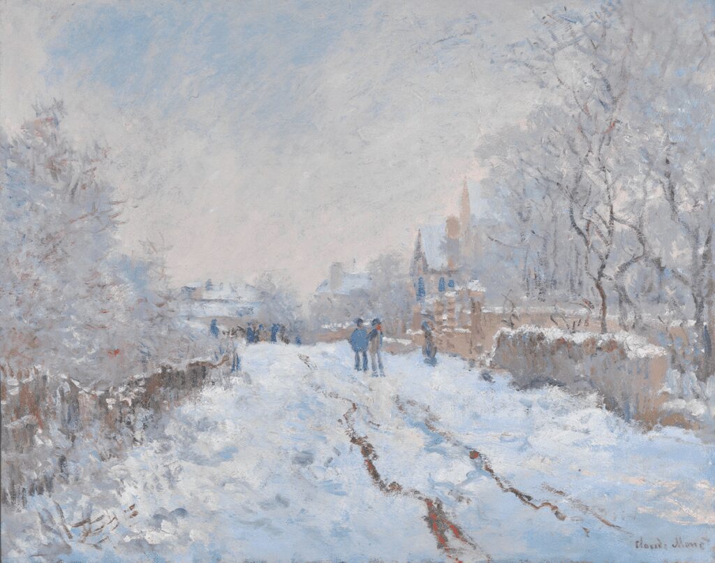 Claude Monet’s Snow Scene at Argenteuil (1875), illustrating the dry brush technique used by Impressionists.