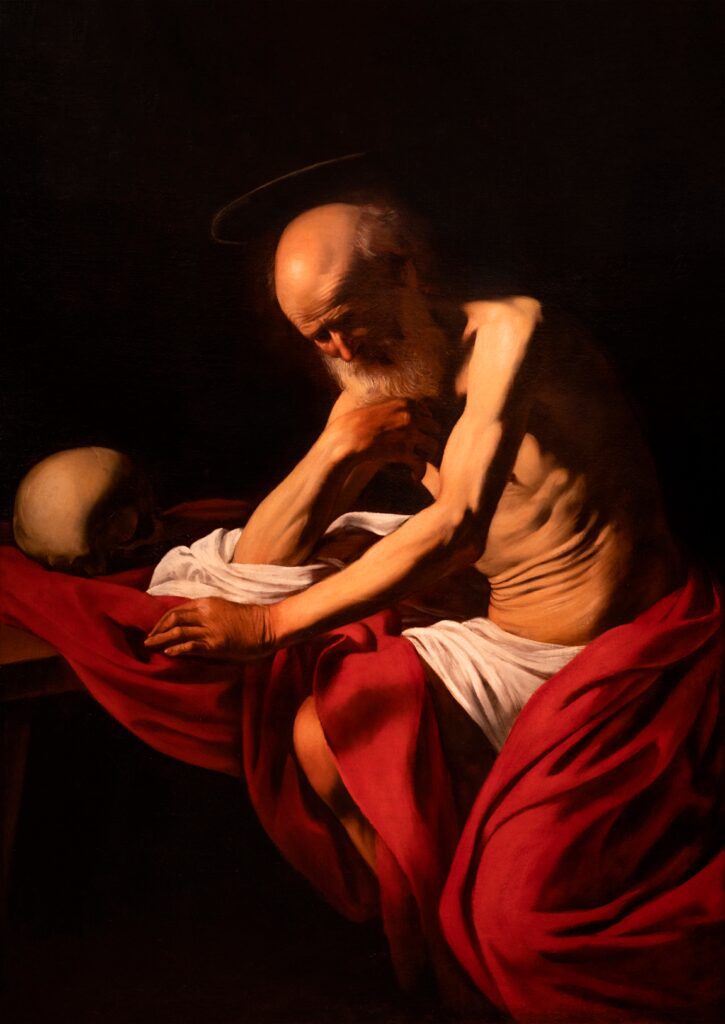 Caravaggio’s St. Jerome Meditating (1605), highlighting his mastery of chiaroscuro with strong highlights and deep shadows.