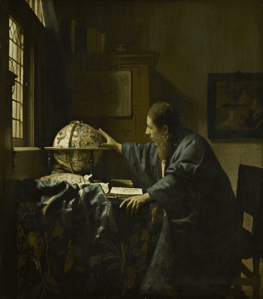 O Astrônomo (1668), de Johannes Vermeer, mostra transições de cores suaves e técnicas avançadas de vitrificação.