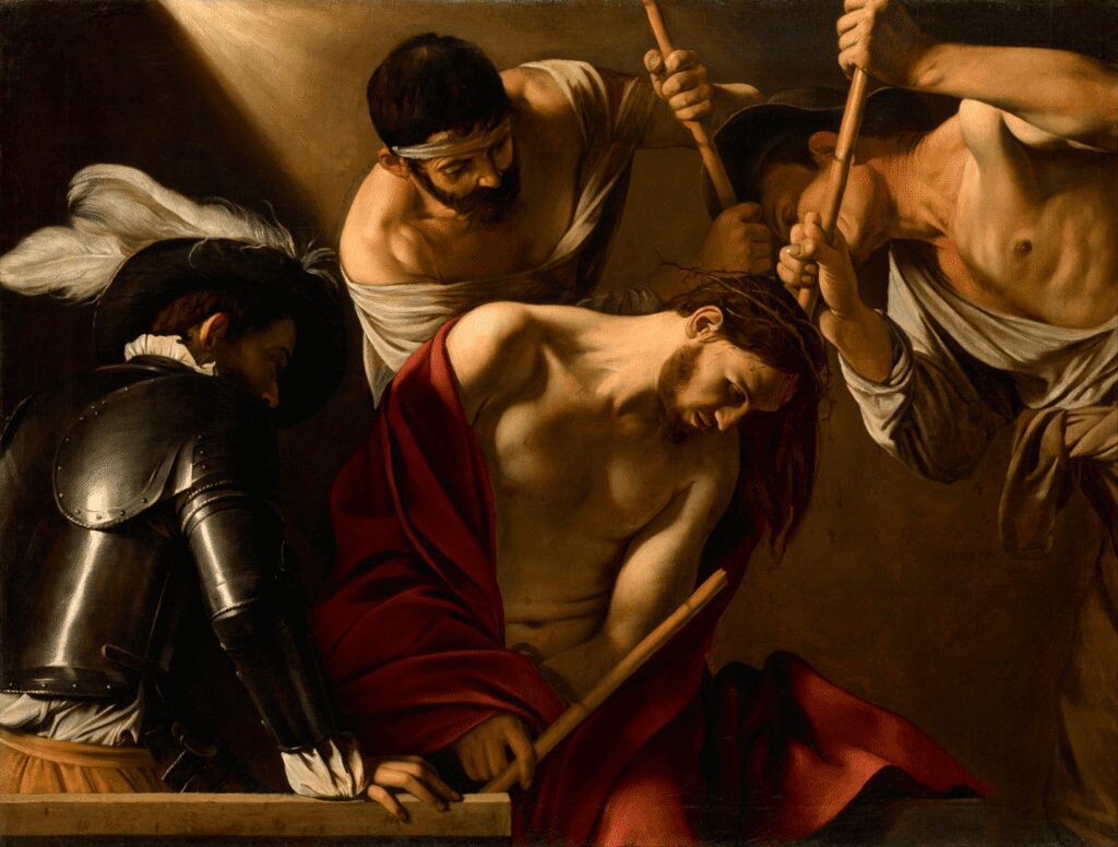 Caravaggio’s The Crowning with Thorns (1602–1604), a dramatic Baroque painting depicting Christ’s suffering.