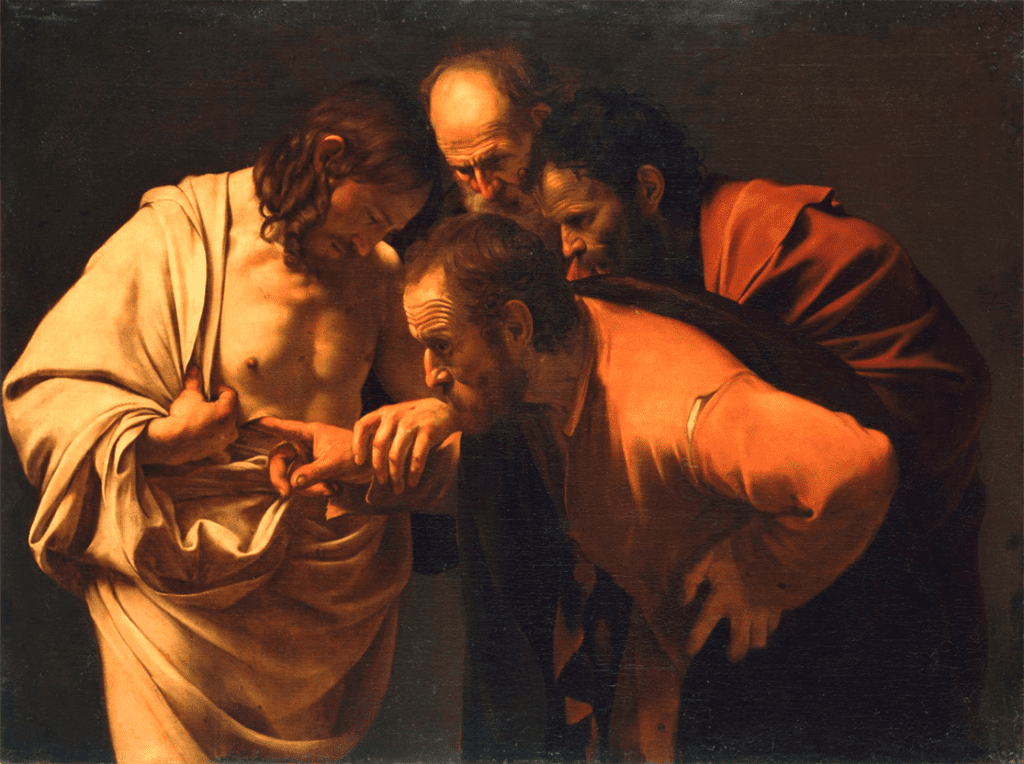 Caravaggio’s The Incredulity of Saint Thomas (1601), a Baroque masterpiece characterized by tenebrism, extreme light contrasts, and rich impastos.