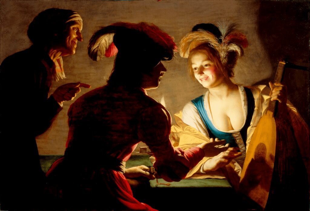 Gerard van Honthorst’s The Procuress (1625), highlighting dramatic chiaroscuro and radiant light transitions from a single light source.