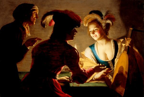 Gerard van Honthorst’s The Procuress (1625), highlighting dramatic chiaroscuro and radiant light transitions from a single light source.