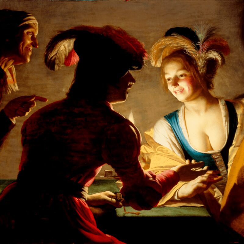 Gerard van Honthorst’s The Procuress (1625), highlighting dramatic chiaroscuro and radiant light transitions from a single light source.