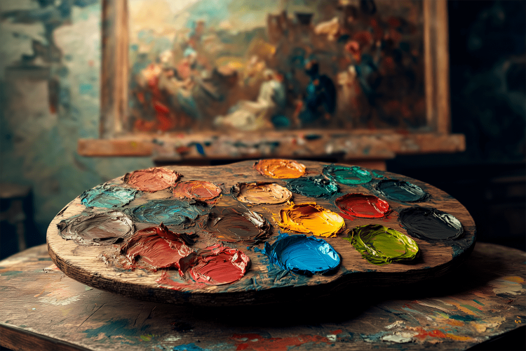 A wooden palette displaying traditional oil painting color palettes used by master artists, with oil paint tubes (bisnagas) nearby.