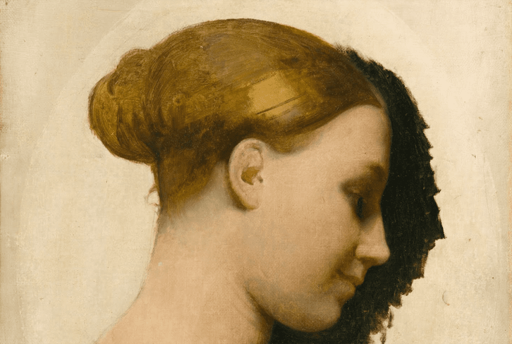 A close-up of Jean-Auguste Dominique Ingres’ unfinished portrait of Madame Edmond Cavé, revealing the underpainting layers beneath the final surface.