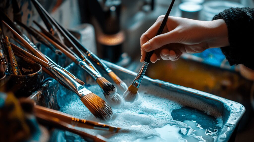 An artist carefully washing synthetic bristle paintbrushes with water and soap, avoiding water infiltration into the ferrule.