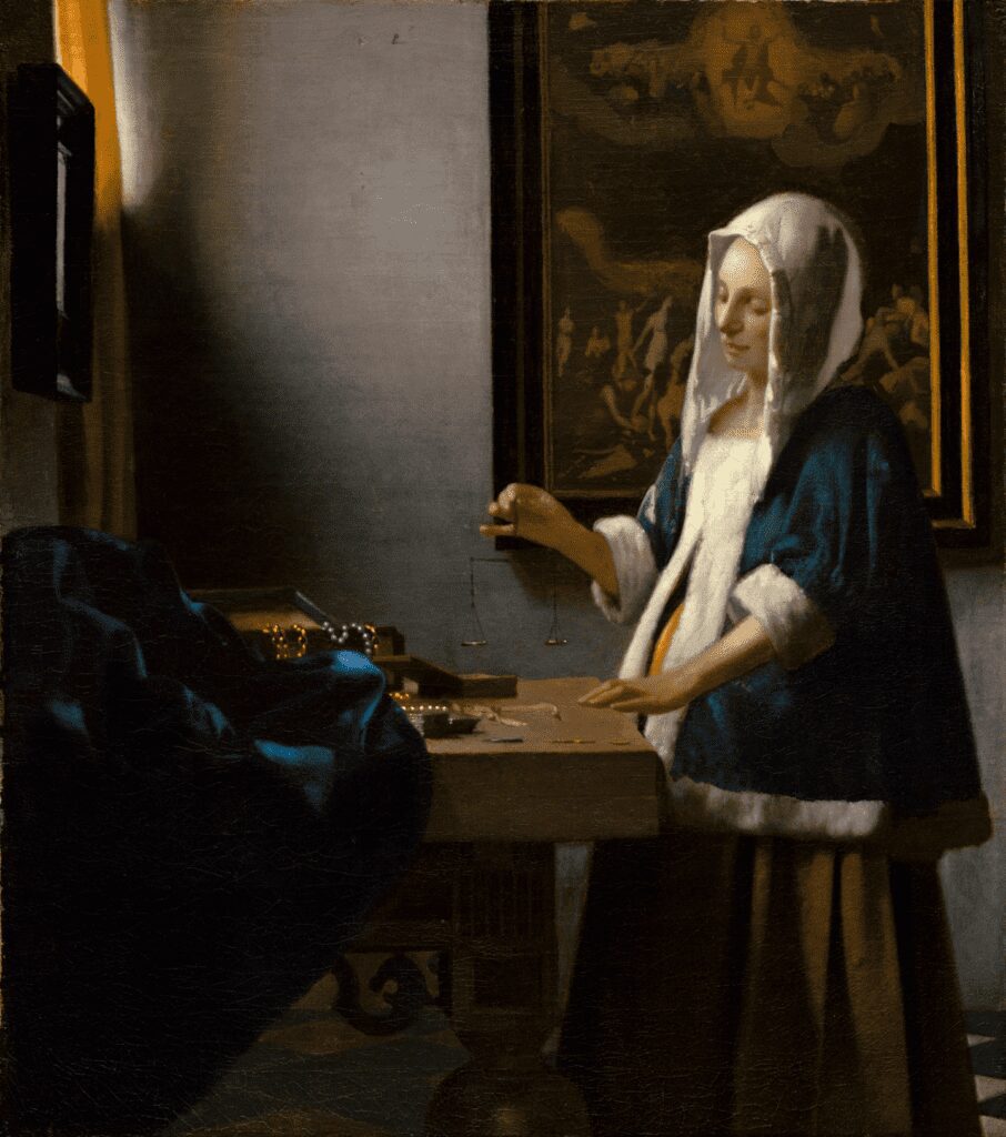 Johannes Vermeer’s Woman Holding a Balance (c. 1664), showcasing natural light and delicate glazing techniques.