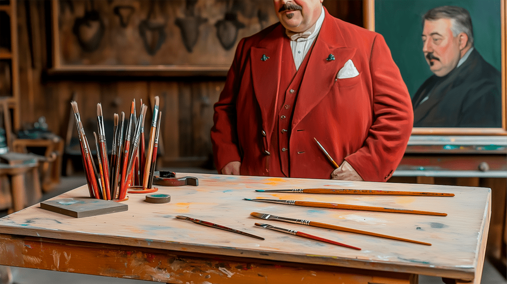 Anders Zorn examining his wooden palette before mixing colors with his limited oil palette.